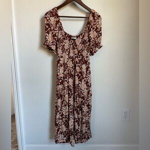 Fall Floral Midi Dress with Slit, Puff Sleeves and Smocked Bodice